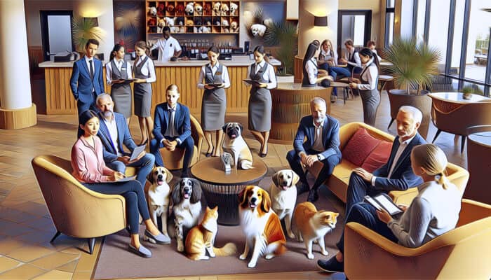 A welcoming hotel lobby featuring pets and staff providing pet-friendly amenities and guidance.