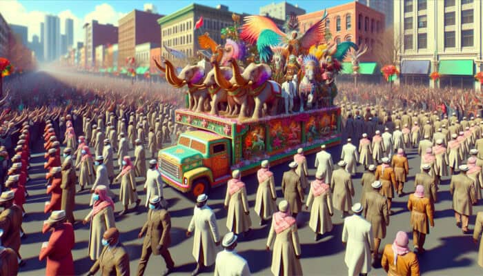 A lively holiday parade featuring organised floats and diverse animals like elephants and horses under a bright sky.