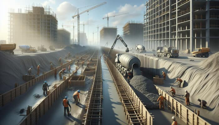 Workers installing concrete drainage system at an urban site, showcasing excavation to curing stages.