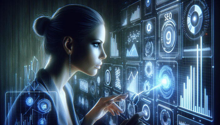 A digital marketing professional analysing SEO data on an advanced interface featuring holographic graphs and keywords, refining AEO strategies.