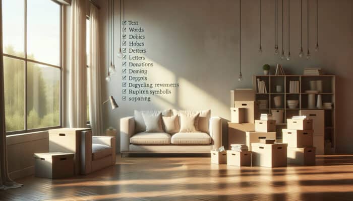 A serene, organized living room after clearance with minimal furniture, soft light, and labelled boxes for donation and recycling.
