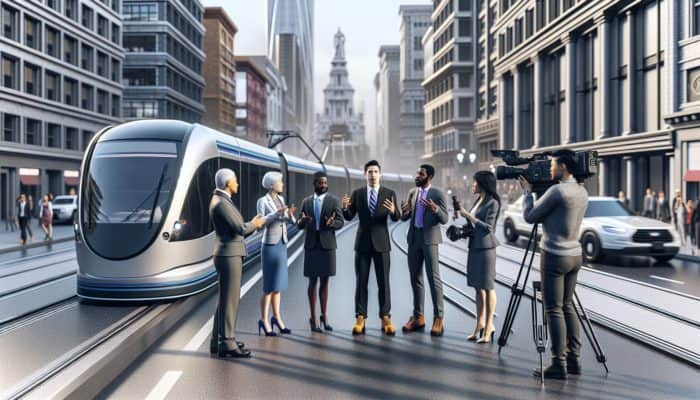 A bustling city street with a new public transport system; experts analyse and discuss, enhancing news with insights.