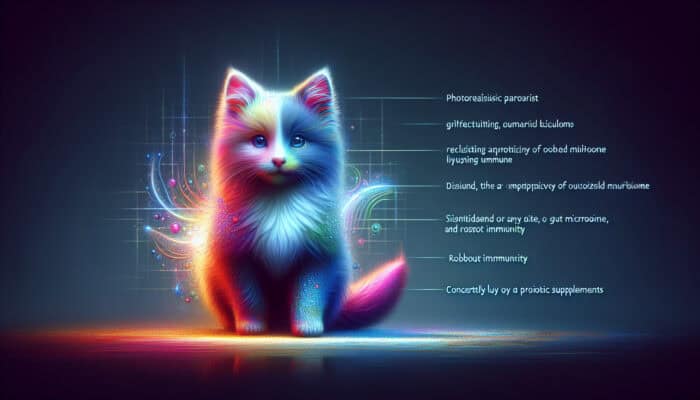 A lively pet with a shiny coat and energetic presence, surrounded by a glowing aura, with probiotic supplements nearby.