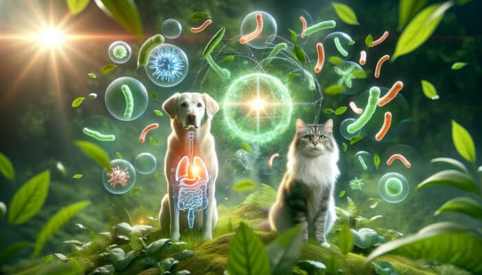 A healthy dog and cat radiating wellness, surrounded by probiotic strains in a vibrant environment.
