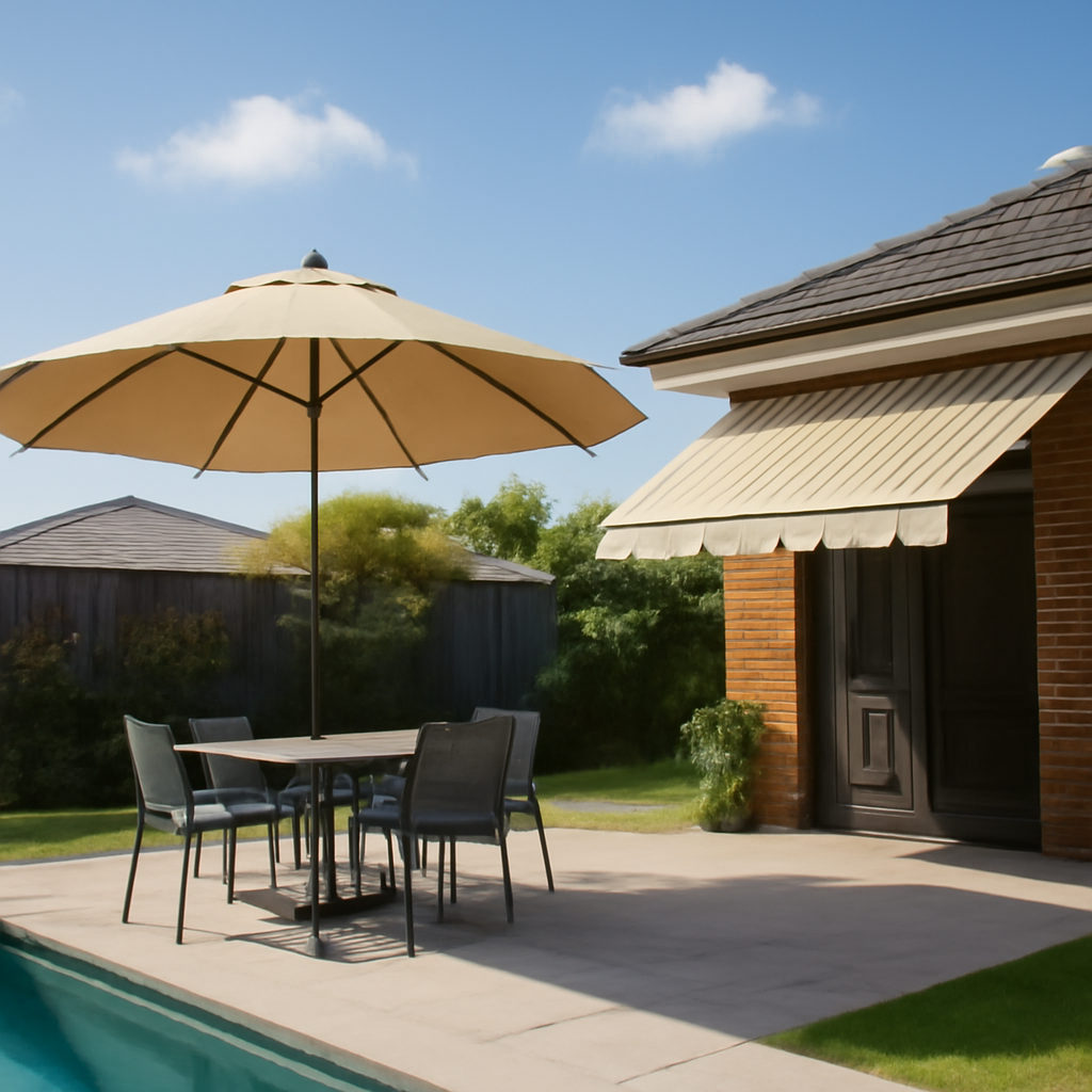 Illustration of Freestanding shade options: umbrellas and retractable awnings suitable for Brisbane backyards