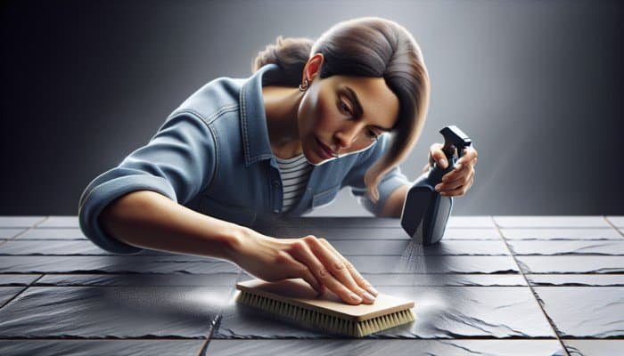 Person applying slate cleaner using a spray bottle and soft brush on a prepared surface for even distribution.