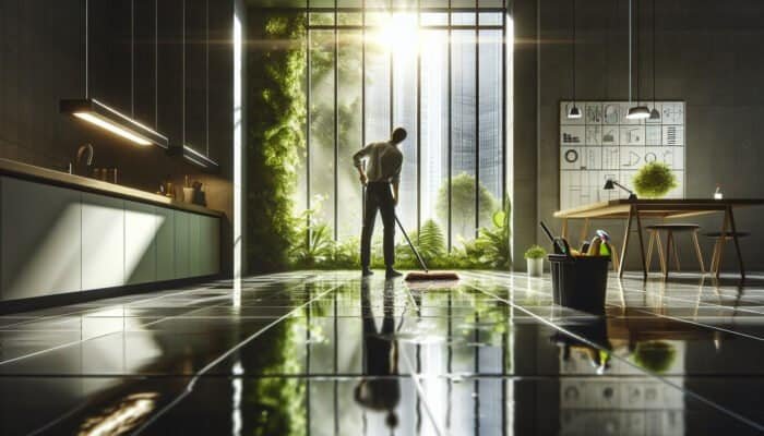 Individual in West Dunbartonshire cleaning slate floors with eco-friendly solutions, natural light, and greenery visible.