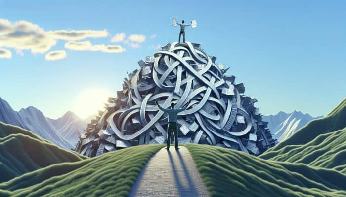 Personal Tales of Debt Consolidation Triumphs: UK Stories | DCL A person atop a mountain of merged debts, symbolizing financial freedom through debt consolidation.