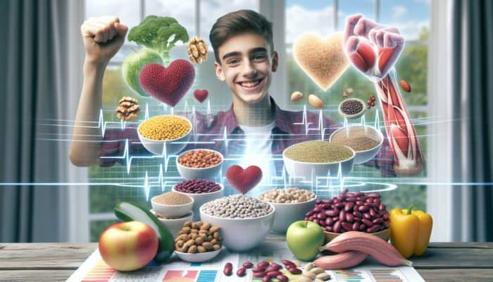Protein for Plant-Based Teens: A colourful array of plant-based proteins nourishing a growing teenager, with health symbols.