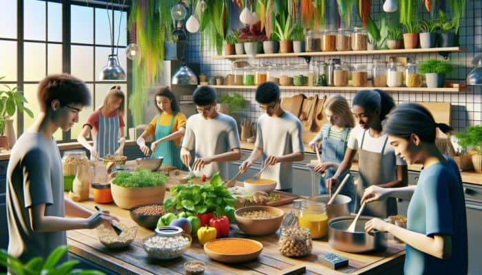 Teens in a green kitchen preparing colourful plant-based proteins, promoting sustainable eating.