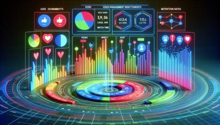 A digital dashboard illustrating graphs of video engagement metrics by user sign-up month, with a focus on retention rates.