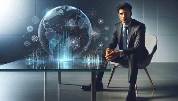 A business owner plans exit strategy, analysing market trends and charts in a modern office.