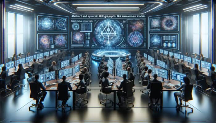 Futuristic conference room with experts analysing holographic risk assessment models for human VA projects.