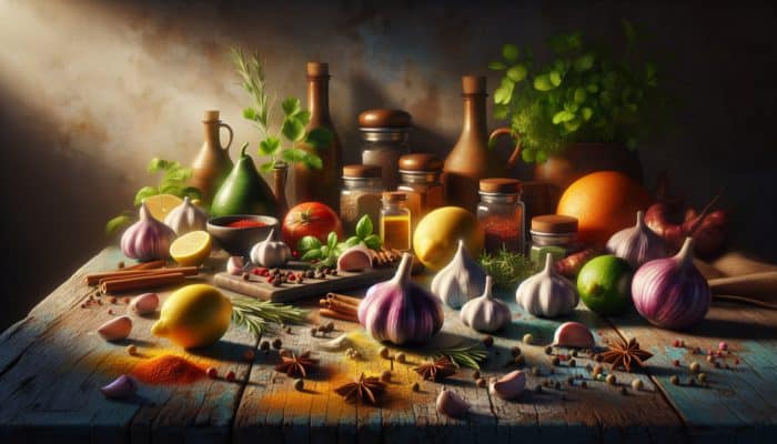 Garlic, herbs, spices, and citrus fruits on a rustic wooden table, enhancing flavors.