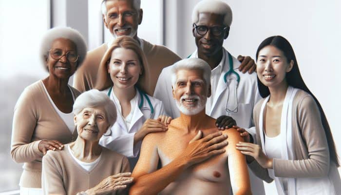 Elderly individuals with darker skin pigmentation in northern latitudes, indoors, at risk of vitamin D deficiency, undergoing a health check.