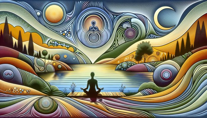 A person meditating by a lake, surrounded by symbols of well-being, reflecting mental health resilience and fulfillment.