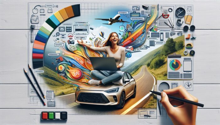 A traveller compares car rental prices on a laptop, surrounded by discount banners and a budget-friendly car.