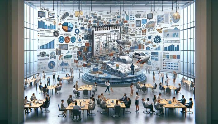 A dynamic calendar with diverse content types, team collaboration, analytics, and trend indicators in a modern office.