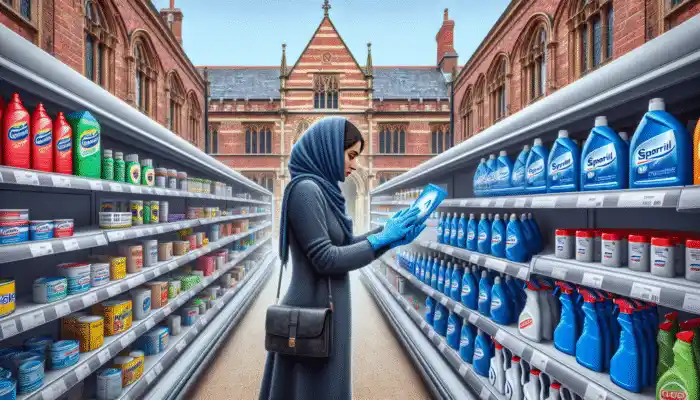 Shopper selecting nitrile gloves in a Warwick supermarket, with Tesco and Sainsbury's logos visible.