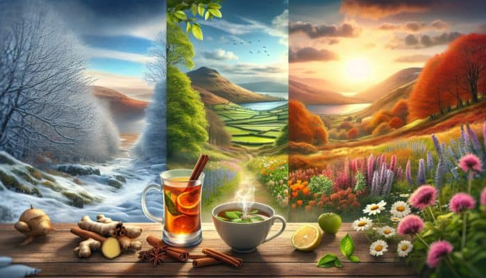 UK landscape showcasing seasonal transitions with steaming cups of ginger, cinnamon, lemon balm, and chamomile infusions.