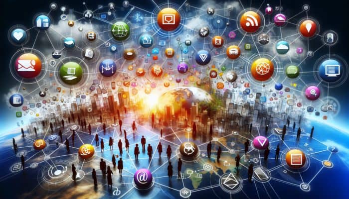 Internet Marketing in Teignmouth for Small Business: A vibrant digital landscape illustrating interconnected nodes for search engines, social media, email, and websites engaging a global audience.