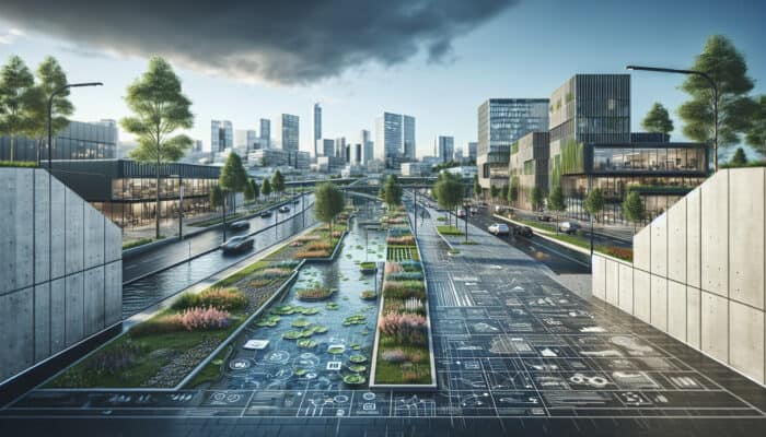 Contemporary urban landscape featuring permeable paving and smart drainage systems, highlighting sustainability and efficiency.