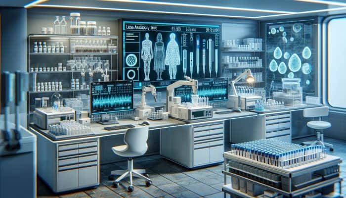 Modern laboratory with advanced technology analysing new tests for coeliac disease, including saliva and stool samples.