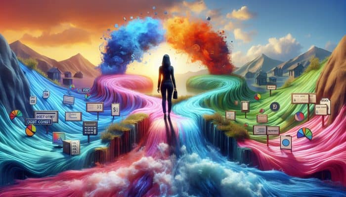Understanding Debt Consolidation: UK Insights | DCL Visual representation of debt consolidation: A person merging colourful debt streams into a clear river, symbolising financial relief.