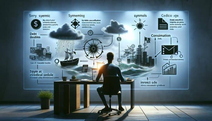 Expert Insights on Debt Consolidation: UK Perspective | DCL A person at a desk reviewing financial documents with charts illustrating debt consolidation's impact on credit scores.