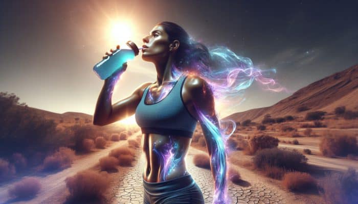An athlete in a hot, arid landscape drinking a glowing hydration supplement, with swirling electrolytes.