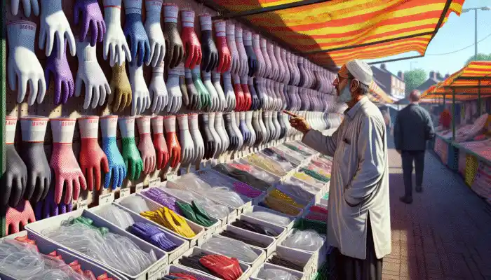 Individual in Eastleigh market examining robust polythene gauntlet gloves at a vendor's stall.