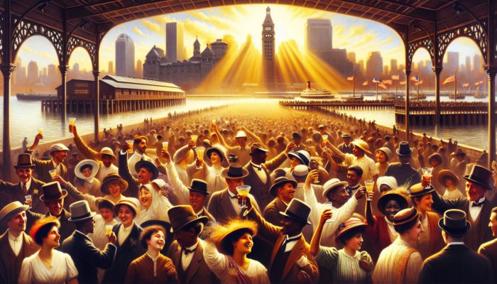 Diverse immigrants at Ellis Island in the early 20th century, celebrating with drinks, symbolising hope and new beginnings.