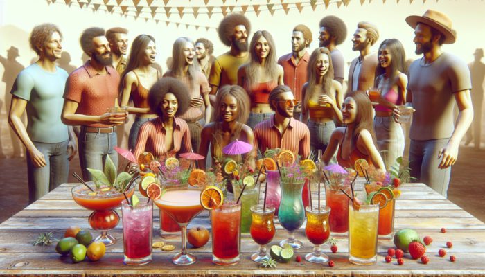 Colourful Jive Turkey cocktails featuring fruit and herb garnishes at a lively 1970s-themed social gathering.