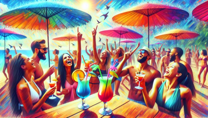 Friends relishing jive turkey cocktails at a lively outdoor day party adorned with colourful umbrellas.