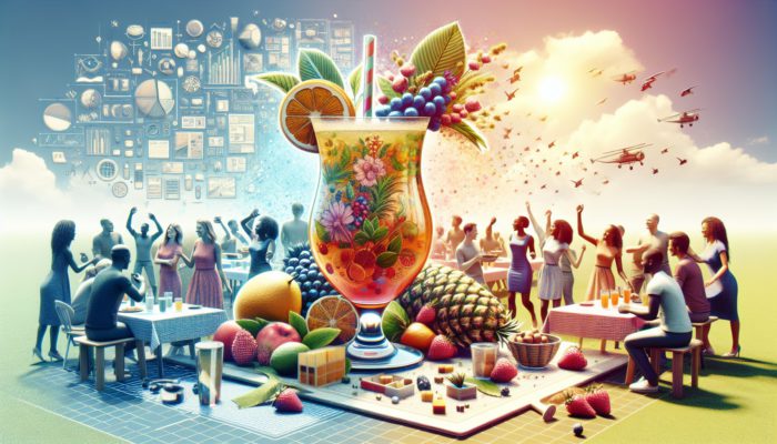 A refreshing Jive Turkey drink embellished with fruits, herbs, and spices, enjoyed at a lively daytime event.