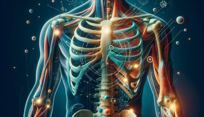 Collagen Bioavailability Studies: Anatomical illustration of collagen's role in skin, bones, tendons, ligaments, showing different types colour-coded.