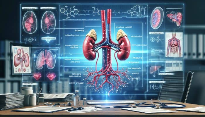 Cortisol Blood Test in Bury: Illustration depicting cortisol blood test with emphasis on adrenal glands, metabolism, immune response, and stress management within a clinical environment.