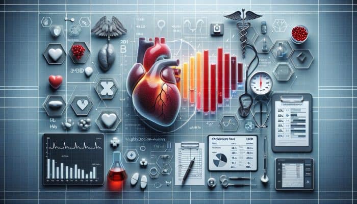 A cholesterol test report featuring LDL, HDL, triglyceride graphs, heart, and medical symbols highlighting health insights.
