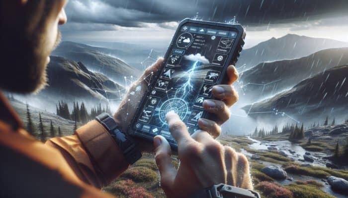 Person using handheld GPS with weather app in rugged terrain, showing real-time data and alerts.