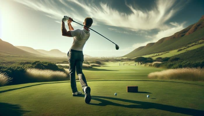 A golfer in South Africa perfecting his swing on a lush course, ball forward, higher tee, clear blue sky.
