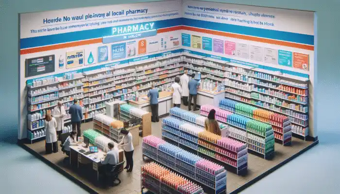 Nitrile Gloves in Harlow: A bustling pharmacy with nitrile gloves on shelves, staff assisting customers, and promotional signage visible.