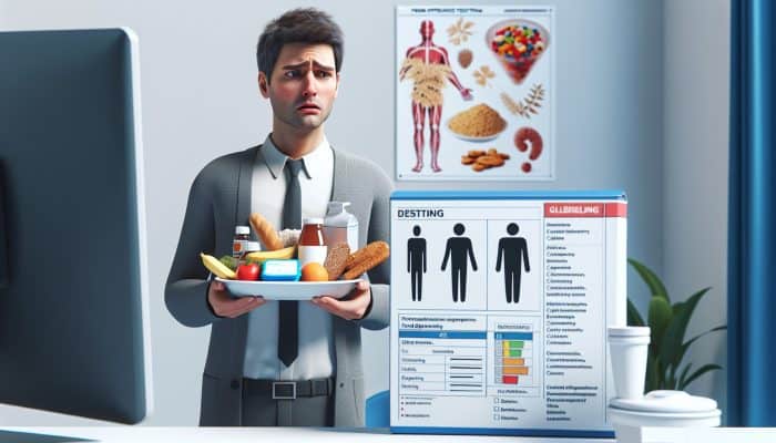 A person experiencing digestive issues and fatigue, confused, holding gluten and dairy food, beside a food intolerance test kit in a clinic.