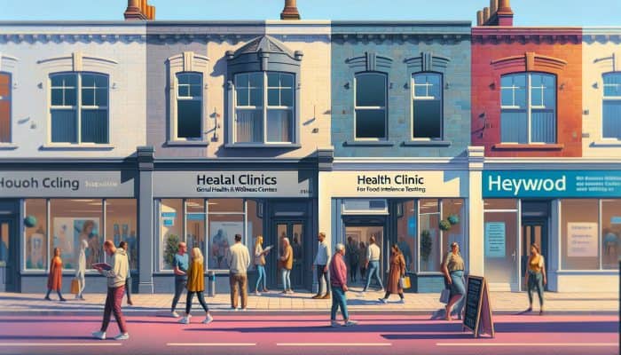 A bustling street in Heywood showcasing clinics providing food intolerance testing, with people coming and going.