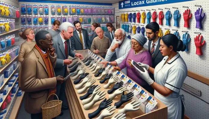 A vibrant Swansea store showcasing a variety of high-quality latex gauntlet gloves on display, with staff assisting customers.