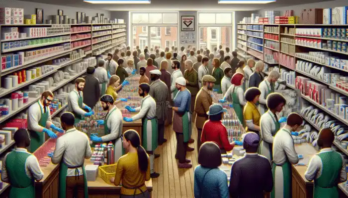 A busy Swansea specialty shop stocked with latex gauntlet gloves and staff assisting customers in choosing appropriate safety gear.