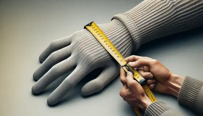 A person measuring hand circumference and trying on a well-fitted glove to ensure proper sizing.