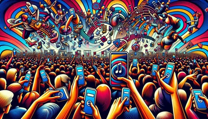Attendees using smartphones to buy tickets at an event with concert and festival posters.