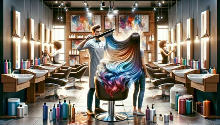 A professional stylist applying ombre hair colour with high-quality products in a well-lit salon.