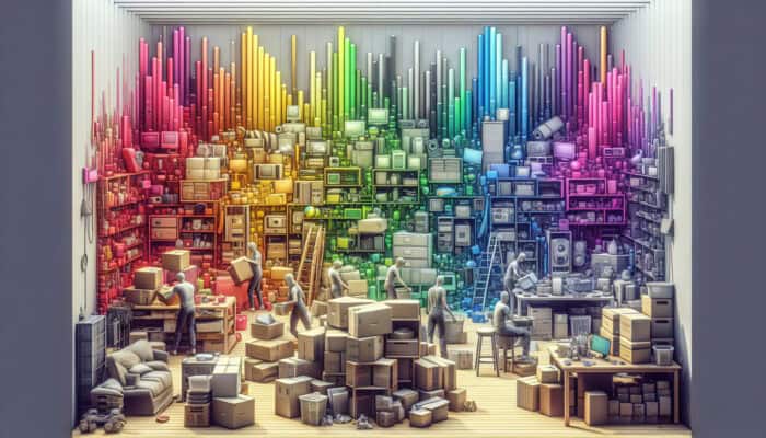 Cluttered house interior with furniture and electronics being sorted by clearance workers, budget chart visible.