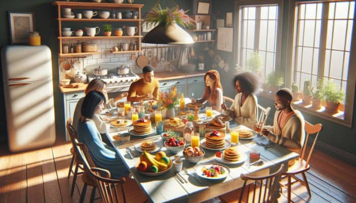 A cozy kitchen table set for brunch with fluffy pancakes, classic eggs Benedict, and fresh fruit, enjoyed by friends on a leisurely Sunday morning.